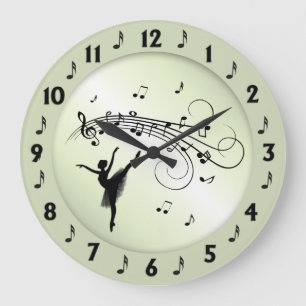 Grande Horloge Ronde Ballerina Dancing with Music Notes Vert