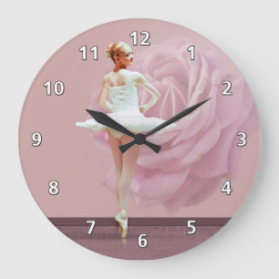 Grande Horloge Ronde Ballerina en blanc avec Rose rose