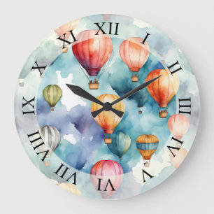 Grande Horloge Ronde Ballons à air chaud Aquarelle Art