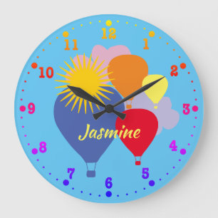 Grande Horloge Ronde Ballons d'air multicolorés sur Blue with Nom