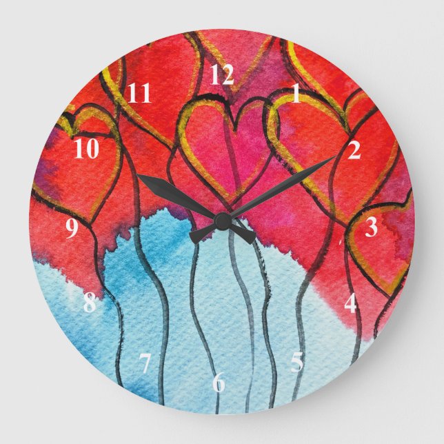 Grande Horloge Ronde Ballons de coeur rouge Valentine aquarelle (Recto)