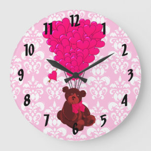Grande Horloge Ronde Ballons en forme d'ours et de coeur sur damas rose