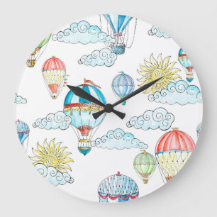 Grande Horloge Ronde Ballons vintages : Aquarelle Whimsical sans joint.