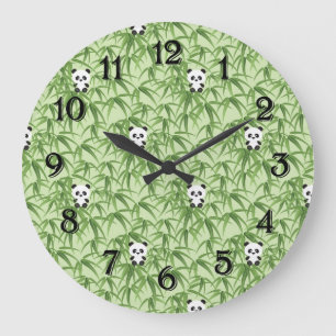 Grande Horloge Ronde Bambou avec des pandas