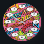 Grande Horloge Ronde Bande dessinée pop art sounds<br><div class="desc">Des horloges pop comic super-héros branchées qui ajouteront une touche de couleur à une gamme de pièces autour de votre maison ou bureau. Une façon idéale de vous offrir ou de traiter quelqu'un que vous connaissez avec ces horloges de dessinateur de bande dessinée cool et unique. Pourquoi ne pas ajouter...</div>