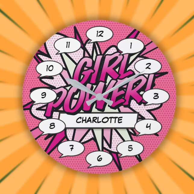 Grande Horloge Ronde Bande dessinée rose GIRL POWER personnalisée (Personalized GIRL POWER Comic Book Pink Large Clock)