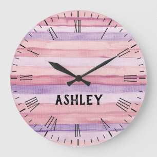 Grande Horloge Ronde Bandes d'aquarelle rose et violet personnalisées