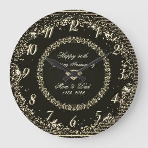 Grande Horloge Ronde Bandes de confettis dorés noires 50 Anniversaire d