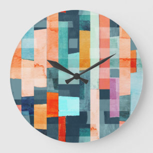 Grande Horloge Ronde Bandes géométriques multicolores, motif tendance.