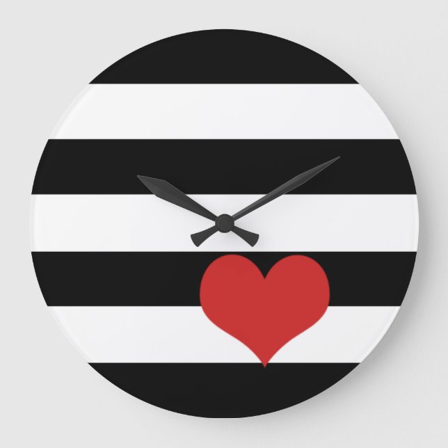 Grande Horloge Ronde Bandes noires et blanches avec Coeur rouge (Recto)