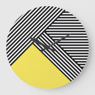 Grande Horloge Ronde Bandes noires et blanches avec triangle jaune
