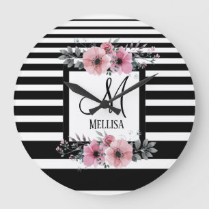 Grande Horloge Ronde Bandes noires et blanches Monogramme floral rose