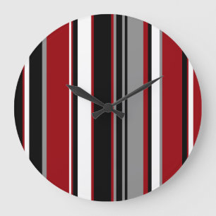 Grande Horloge Ronde Bandes noires, grises, rouges et blanches