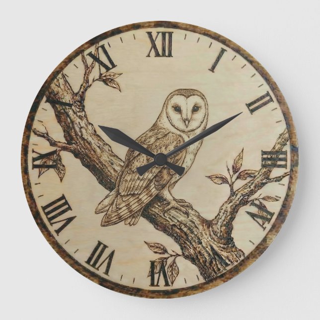 Grande Horloge Ronde Barn Owl Wall Clock – Rustic Wood Decor (Recto)