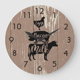Grande Horloge Ronde Barnboards patinés Oeufs Bacon Lait Animaux
