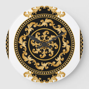 Grande Horloge Ronde Baroque d'or, chaînes, décoration noire
