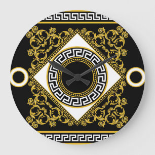 Grande Horloge Ronde Baroque d'or : frontière noire grecque