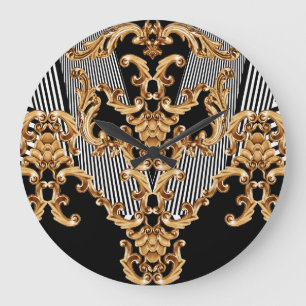 Grande Horloge Ronde Baroque doré, décoration complexe.