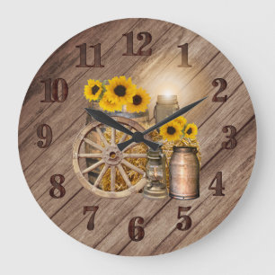 Grande Horloge Ronde Barre de bois et tournesol