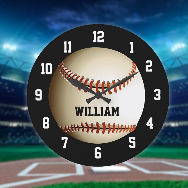 Grande Horloge Ronde Baseball Nom Personnalisé (Baseball Personalized Custom Name Large Clock)