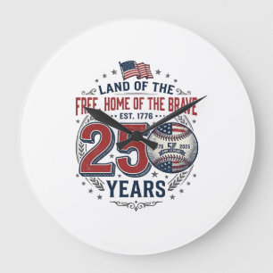 Grande Horloge Ronde Baseball Patriotique 250 Ans Design de T-shirt Vin