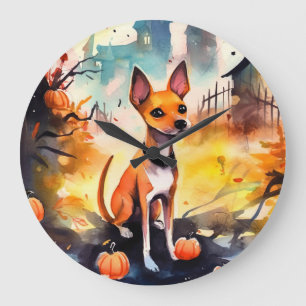 Grande Horloge Ronde Basenji D'Halloween Avec Peur Citrouille