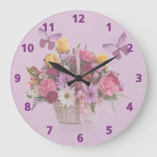 Grande Horloge Ronde Basket de Flowers et Butterflies