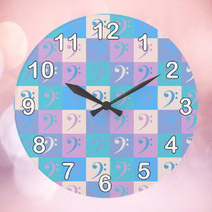 Grande Horloge Ronde Bass Clef Music Motif Pastel avec des chiffres