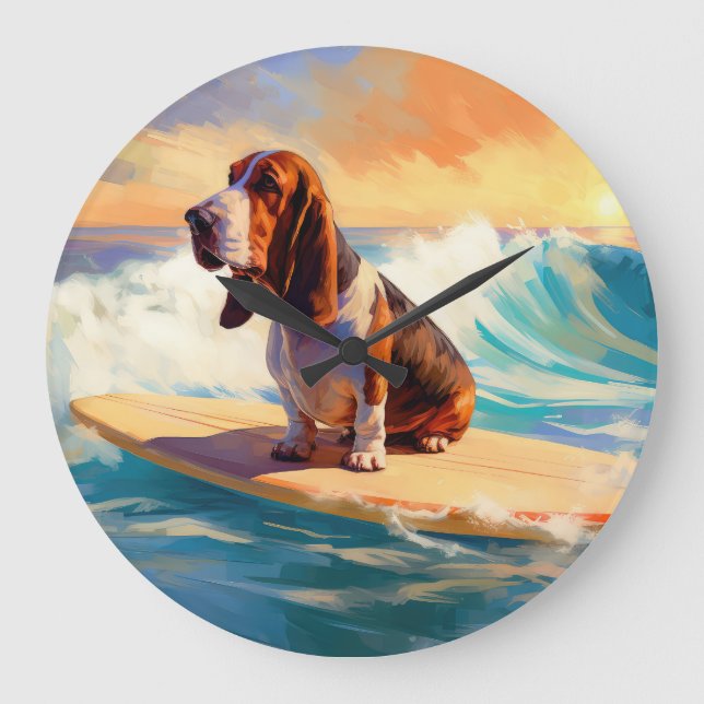 Grande Horloge Ronde Basset Hound Beach Surf Peinture (Recto)