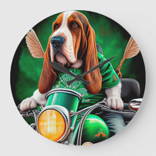 Grande Horloge Ronde Basset Hound Chien conduisant vélo St. Patrick's D