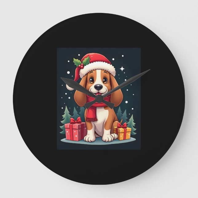 Grande Horloge Ronde Basset Hound Chien vêtements de Noël Santa Hat Chi (Recto)
