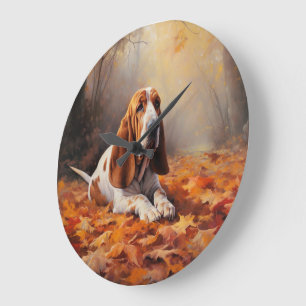 Grande Horloge Ronde Basset Hound dans les feuilles d'automne qui tombe