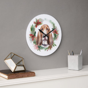Grande Horloge Ronde Basset Hound Festive Wreath de Noël Pup