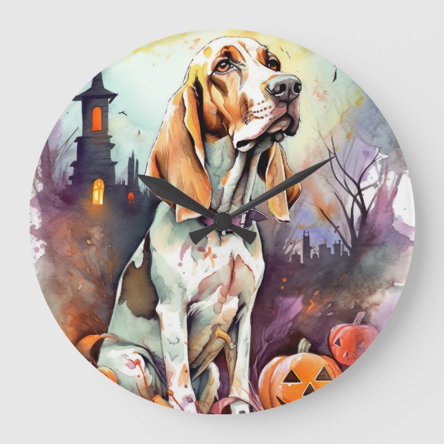 Grande Horloge Ronde Basset Hound Halloween avec citrouilles effrayant  (Recto)