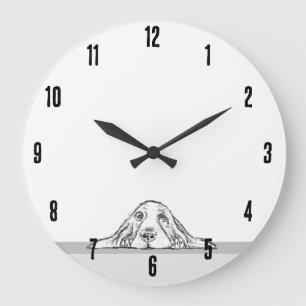 Grande Horloge Ronde basset hound noir blanc yeux de chiot simple