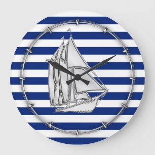 Grande Horloge Ronde Bateau à voile d'argent sur les bandes bleues naut