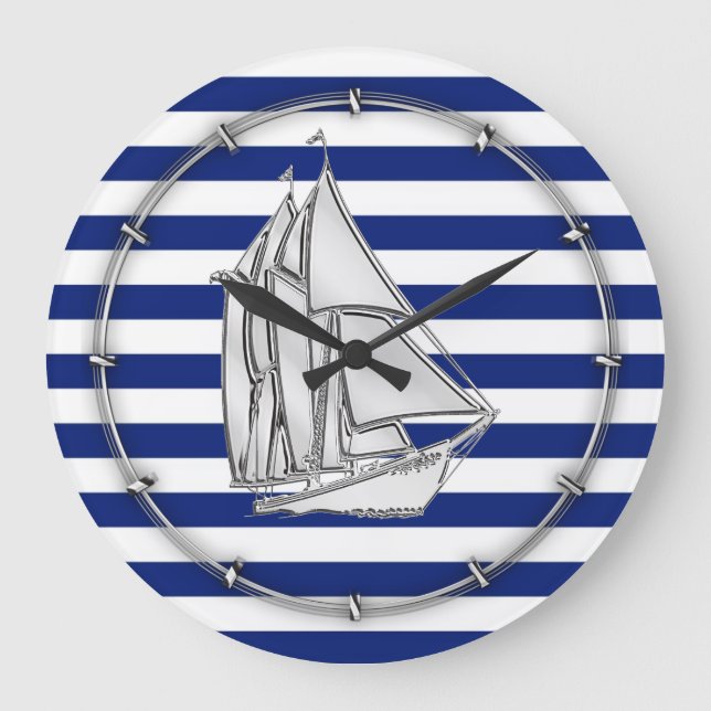 Grande Horloge Ronde Bateau à voile d'argent sur les bandes bleues naut (Recto)