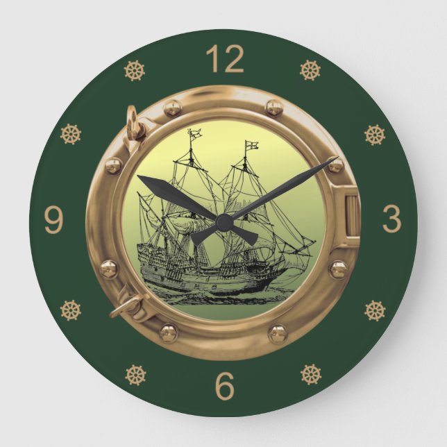 Grande Horloge Ronde Bateau à voile Galleon ~ Porthol en laiton ~ (Recto)