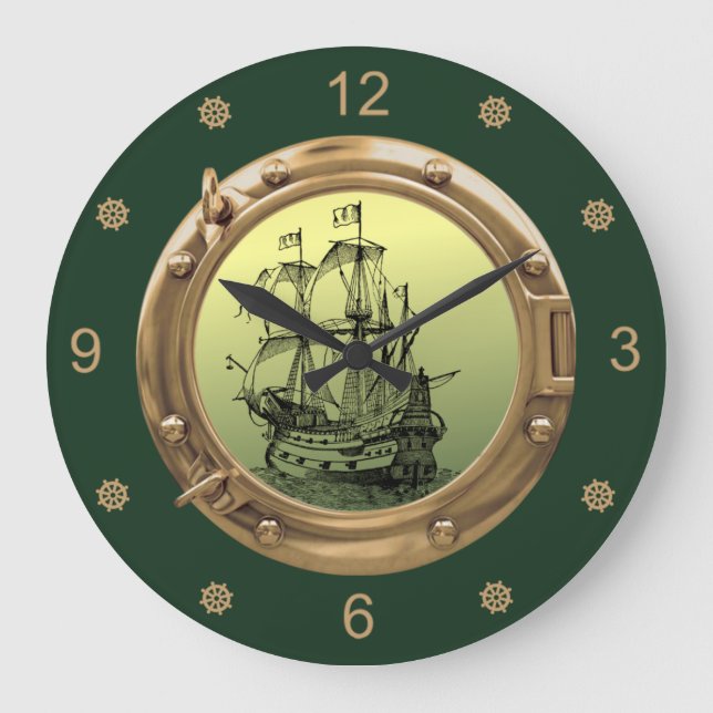 Grande Horloge Ronde Bateau à voile Galleon ~ Porthol en laiton ~   (Recto)