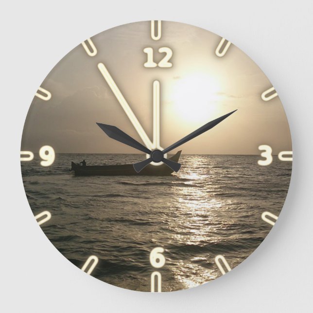 Grande Horloge Ronde Bateau Adorable Moderne Coucher de Soleil (Recto)