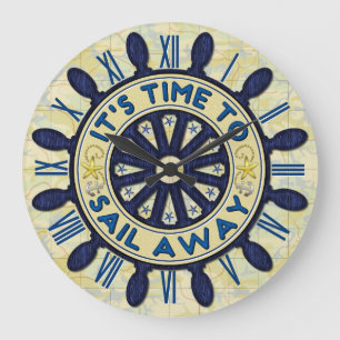 Grande Horloge Ronde Bateau Helm Bois Roue Bleu Nautique Voile Away Car