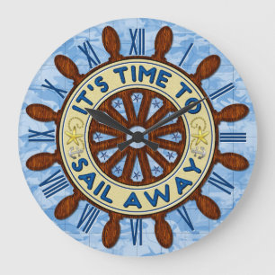 Grande Horloge Ronde Bateau Helm Wood Wheel Nautical Blue Map Voile