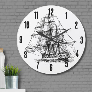 Grande Horloge Ronde Bateau Nautique Noir Blanc Simple Bateau Pirate