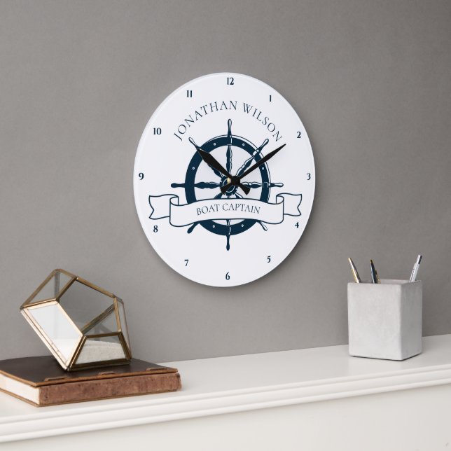 Grande Horloge Ronde Bateau personnalisé Capitaine Vintage roue nautiqu (Bureau)
