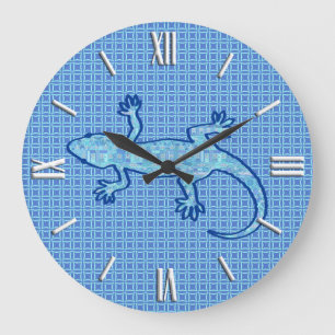 Grande Horloge Ronde Batik Tribal Gecko - bleu denim doux