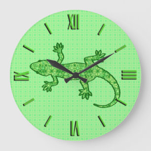 Grande Horloge Ronde Batik tribal Gecko - chaux et vert émeraude