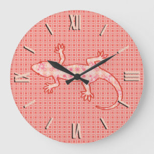 Grande Horloge Ronde Batik tribal Gecko - corail rose et crème