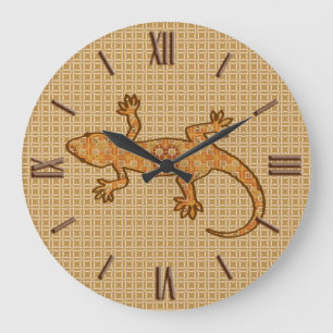Grande Horloge Ronde Batik tribal Gecko - rouille, ambre et bronze