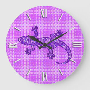 Grande Horloge Ronde Batik Tribal Gecko - violet et améthyste violet