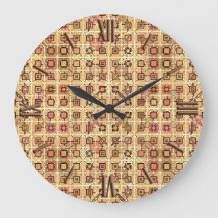 Grande Horloge Ronde Batik tribal - marron chocolat et beige chameau